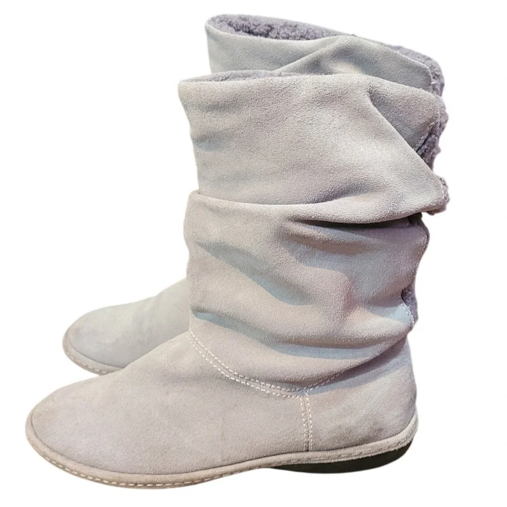 Lands End Gray Suede‎ Lined Slouch Boots 8.5 Casual Winter Warm Vintage Leather